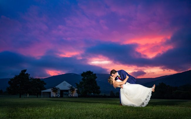 Bride and groom at sunset at King Family Vineyards