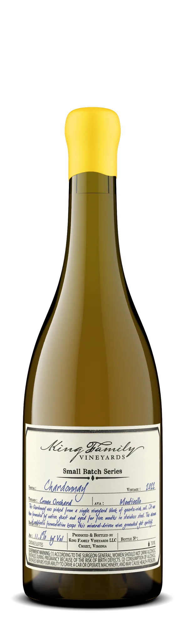 Bottle of 2022 King Family Chardonnay