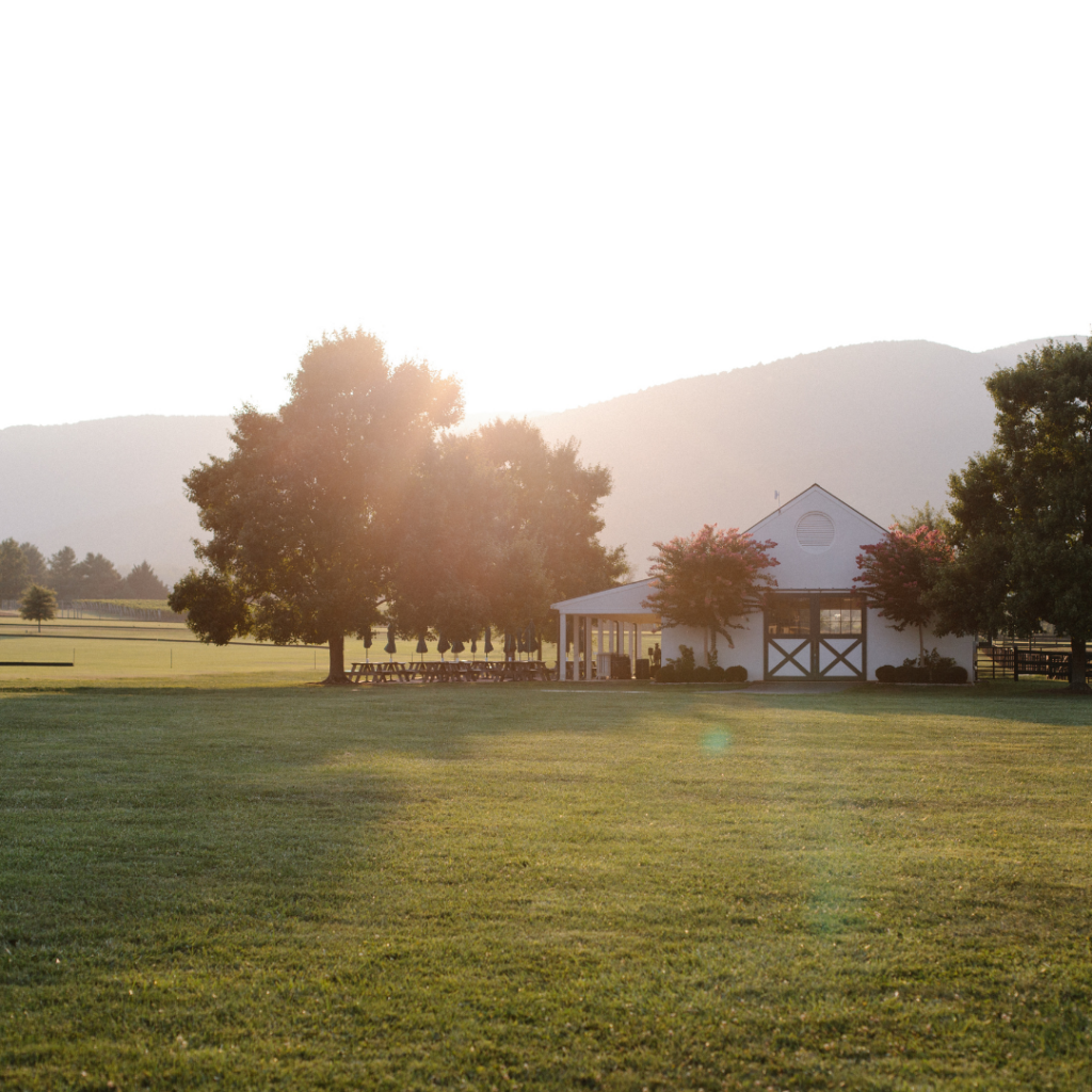 sunset on lawn barn